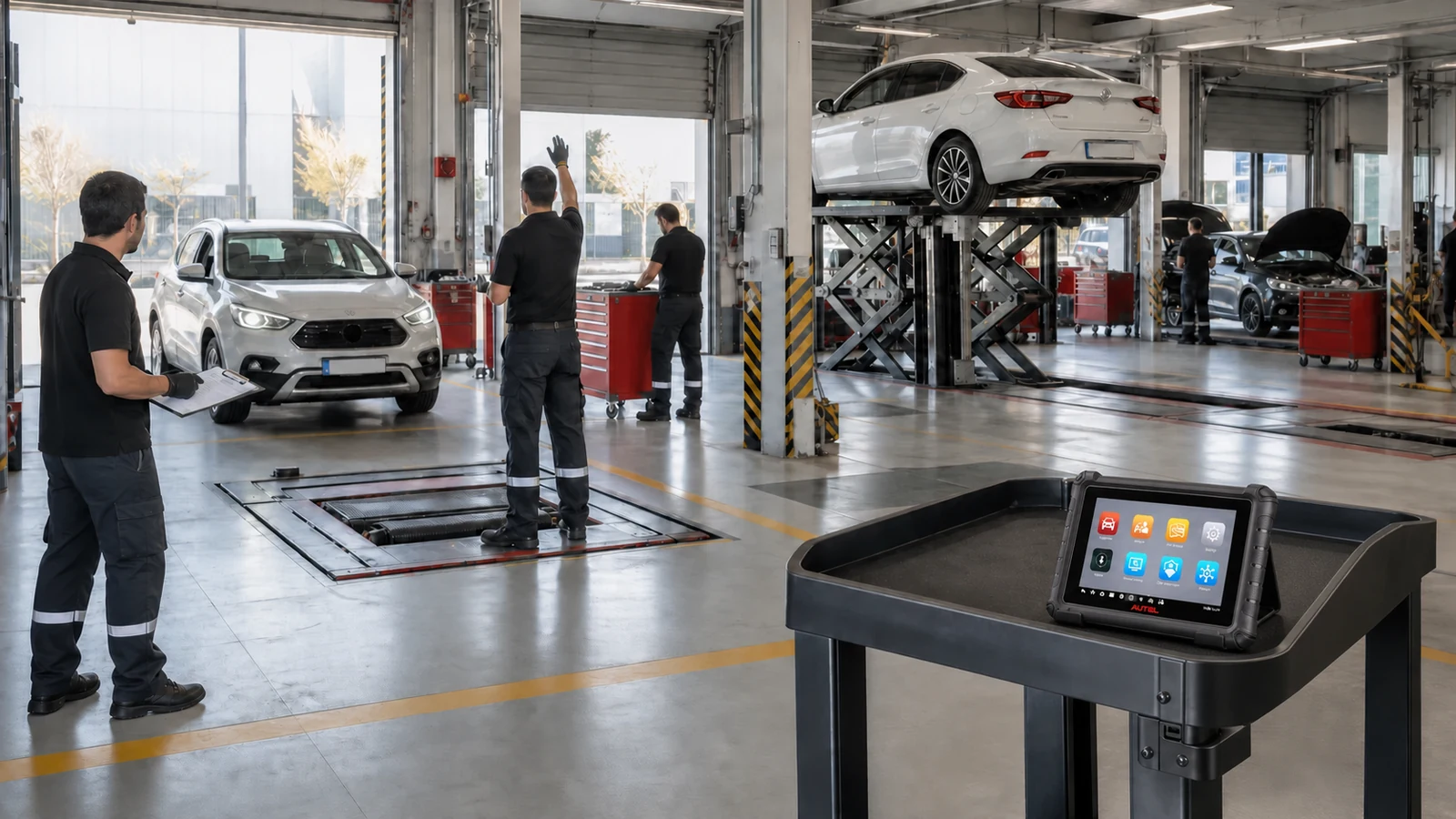 Çok istasyonlu oto ekspertiz merkezinde servis arabasında gerçek Autel MX900