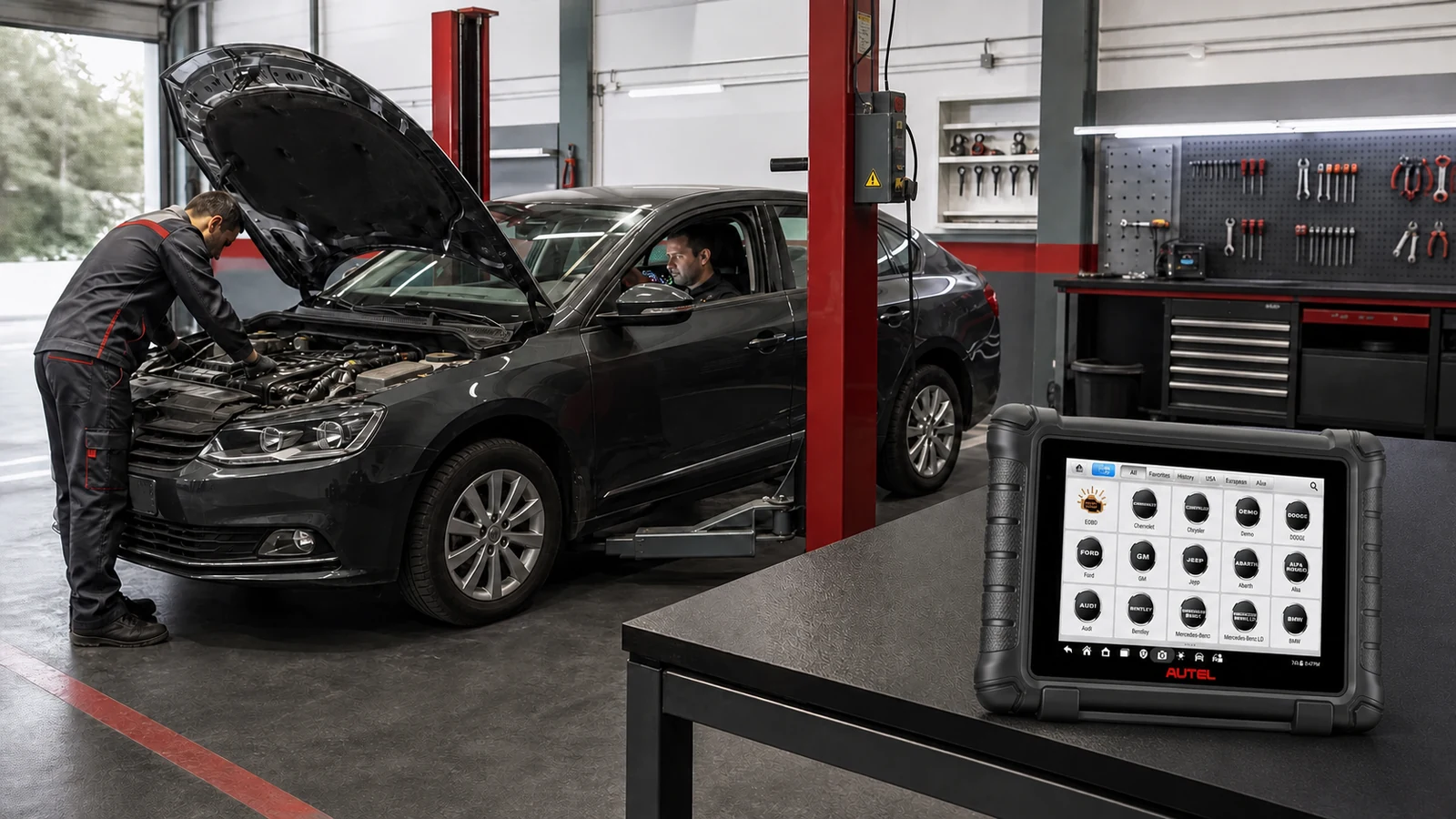 Elektronik sistem taraması yapılan oto ekspertiz servisinde gerçek Autel MX900