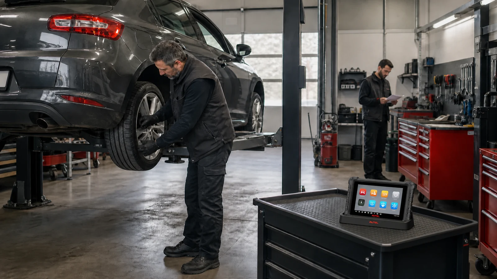 Oto ekspertiz servisinde gerçek Autel MX900 cihazı ve araç kontrolü yapan teknisyenler