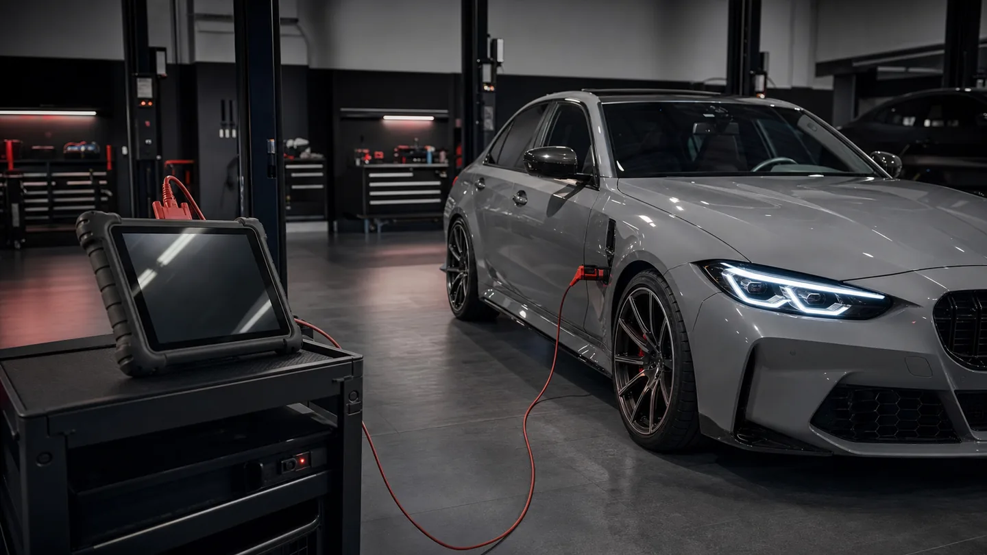 Modern sportif sedan araç profesyonel serviste Autel diagnostik tablete bağlı şekilde kontrol ediliyor
