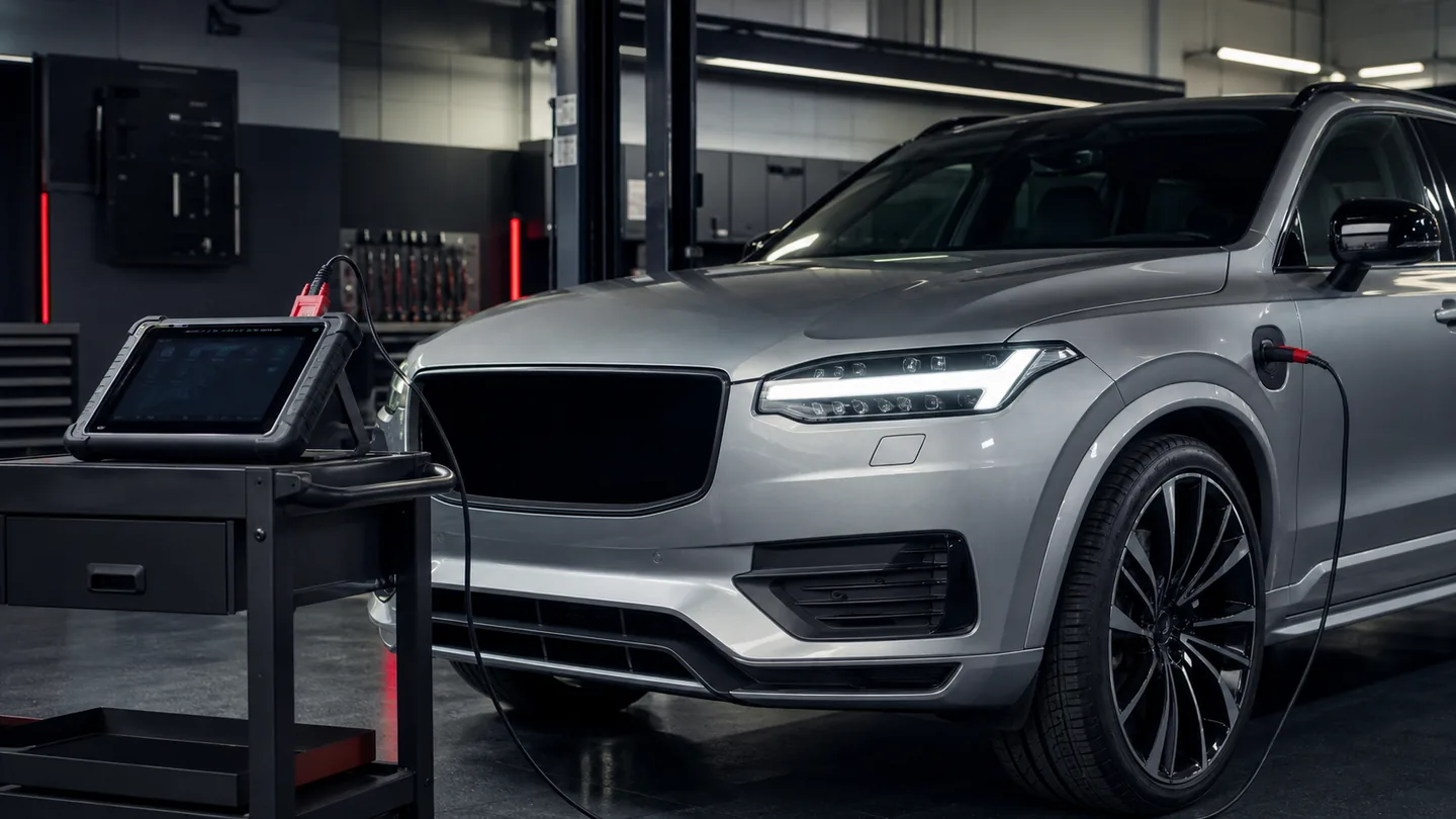 Modern bir SUV araç profesyonel serviste Autel diagnostik tablete bağlıyken kapsam kontrolü yapılıyor