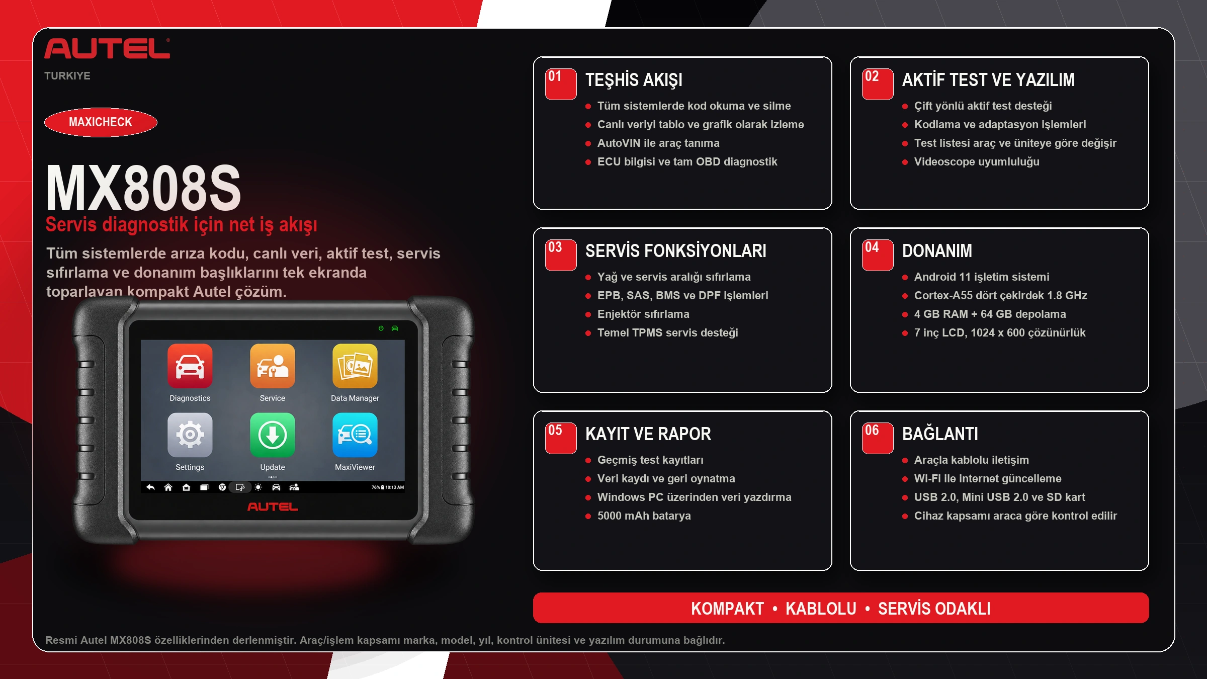 Autel MX808S arıza tespit, canlı veri, aktif test, servis fonksiyonları, donanım ve bağlantı özellikleri özeti
